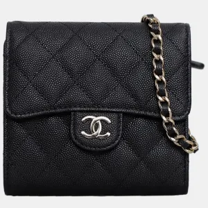 Black Caviar Leather Chain Clutch