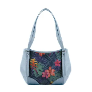 Blue Leather Tote Bag Dark Floral