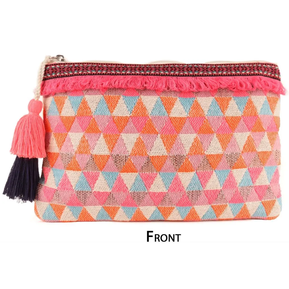 Multi Triangle Pattern Woven Makeup/Travel Pouch With Tassels