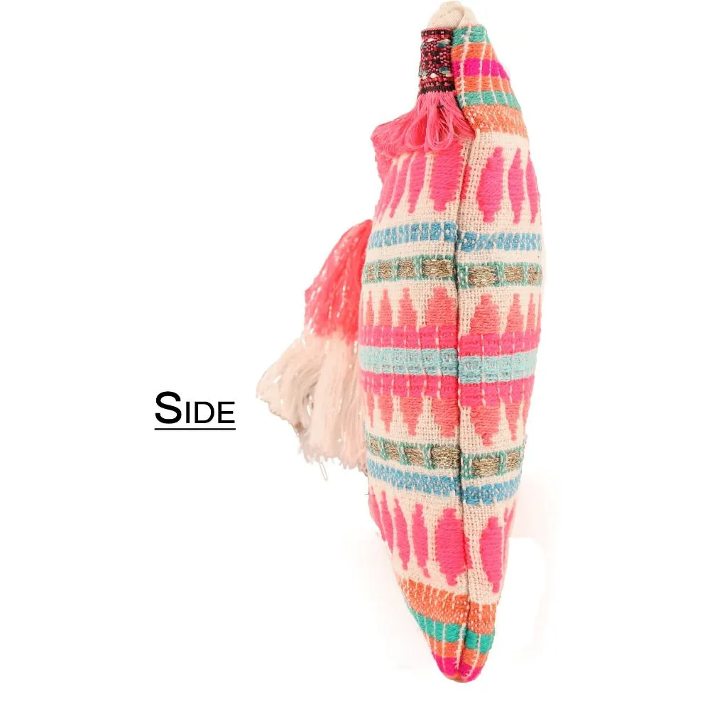 Multi Triangle Pattern Woven Makeup/Travel Pouch With Tassels