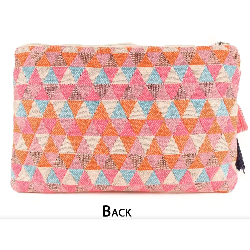 Multi Triangle Pattern Woven Makeup/Travel Pouch With Tassels