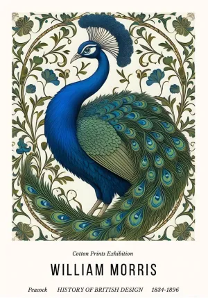 Peacock - William Morris Exhibition Poster - Vintage Naturalistic Wildlife Design Wall Art - Framed Prints